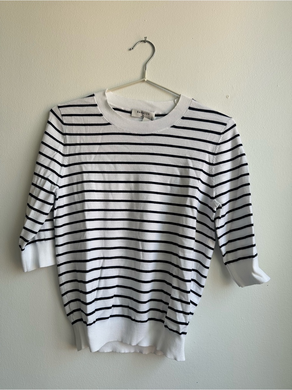 Babaton White and Navy Striped Short Sleeve Knit Top